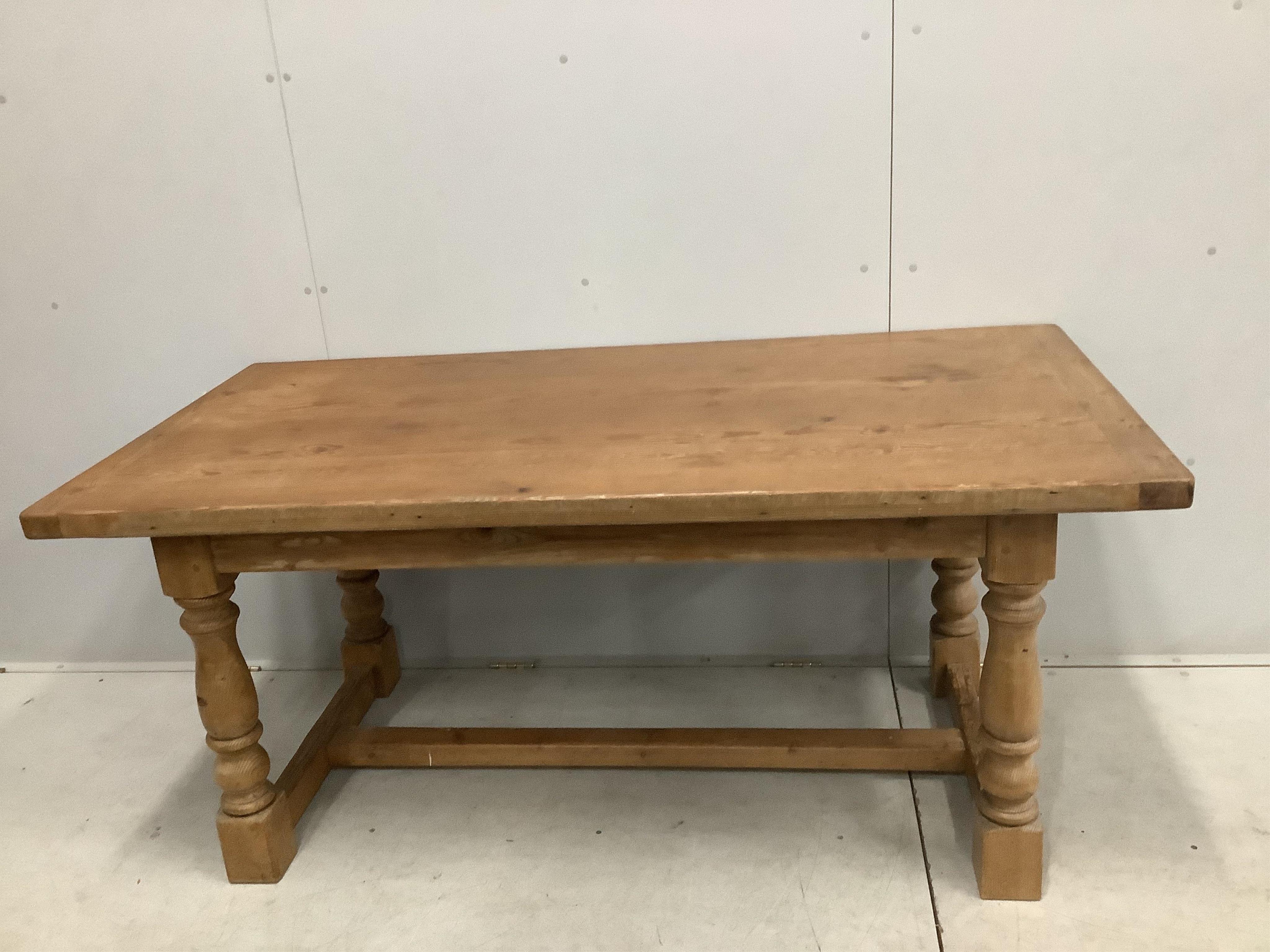 An 18th century style rectangular pine refectory dining table, width 171cm, depth 85cm, height 76cm together with five Victorian style dining chairs. Condition - fair to good